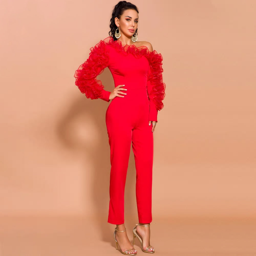 Red Irregular Neck Overalls Long Sleeve Ruffles Jumpsuit - MSCOOCO