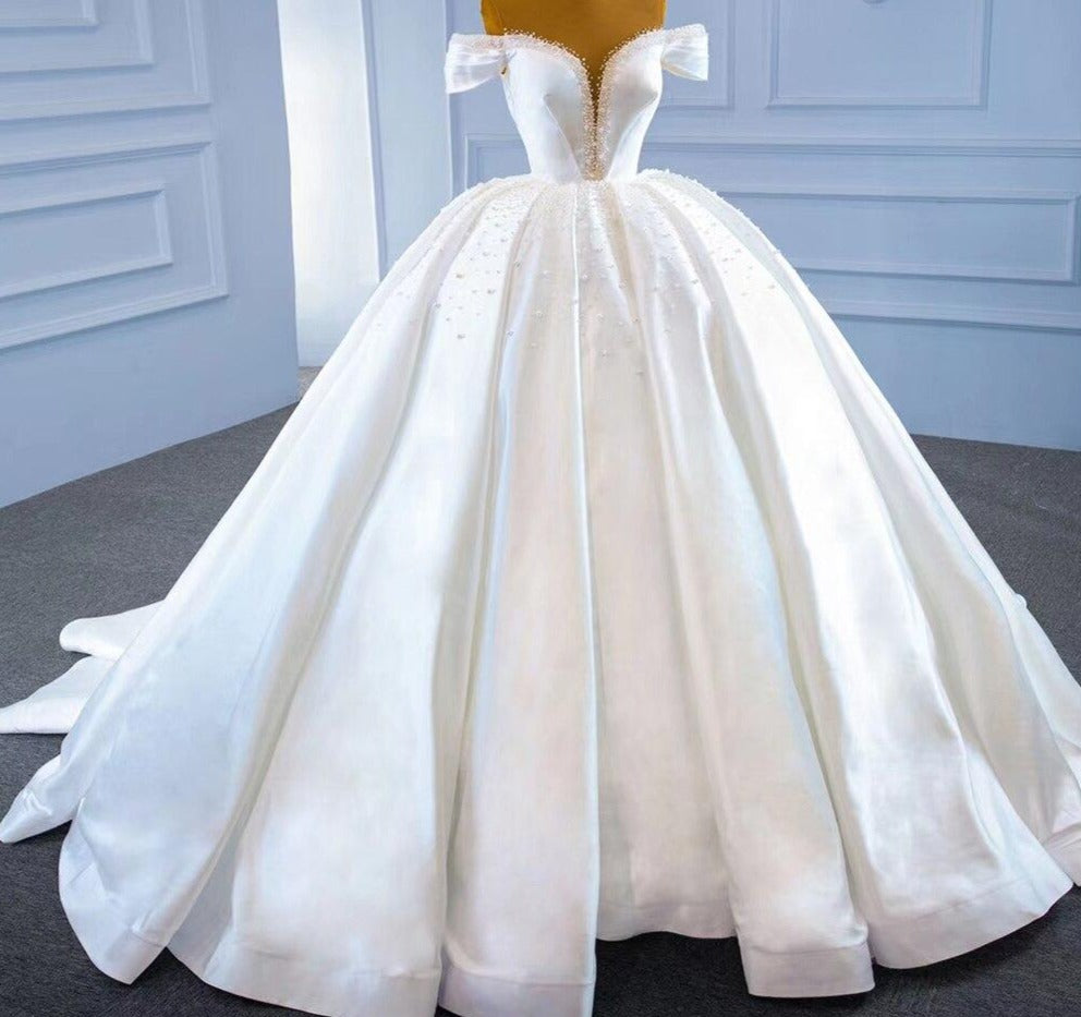 White Satin Beading Pearls Lace Up Bridal Dress Mscooco.co.uk