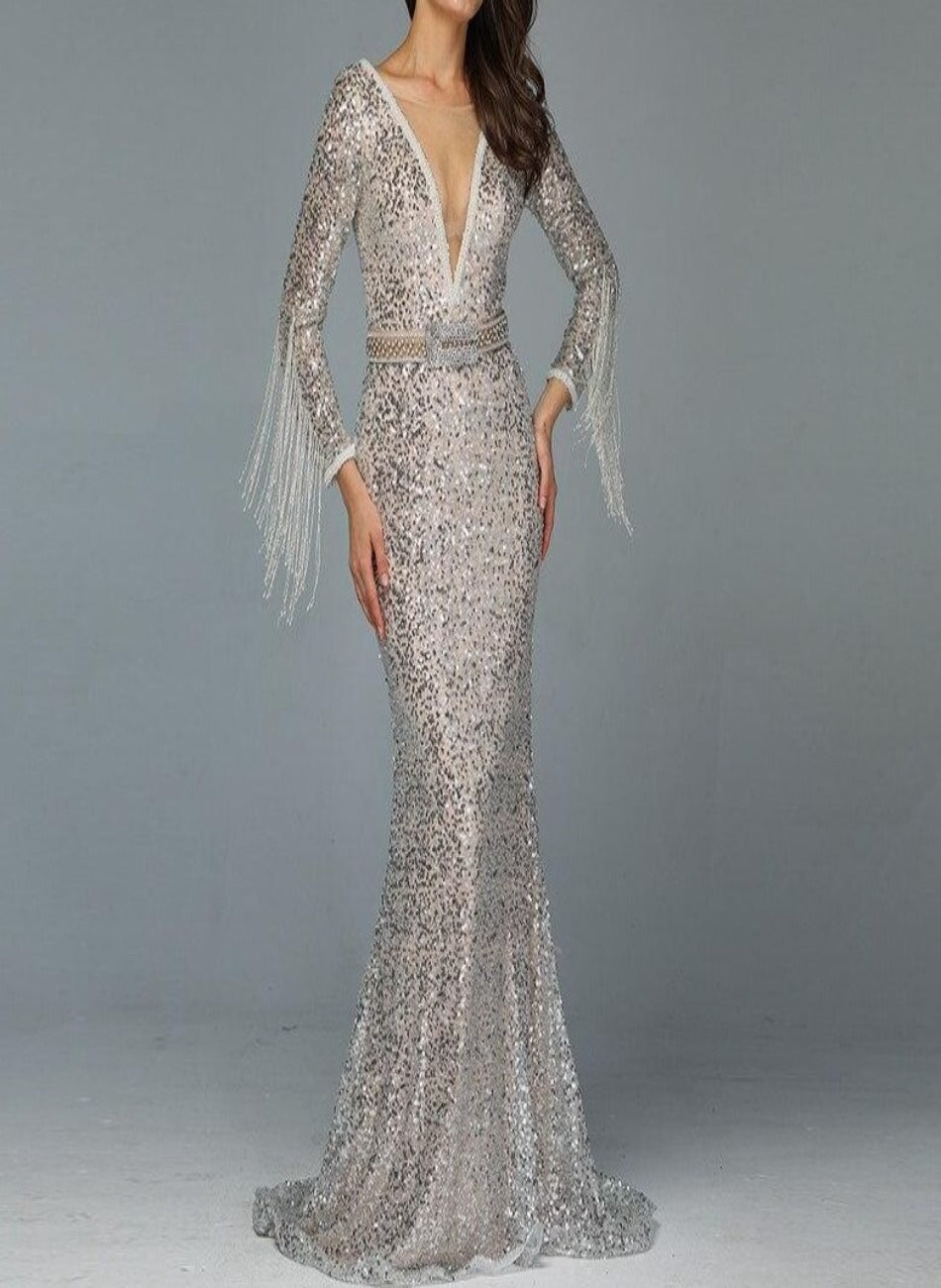 Silver V-Neck Tassel Beading Mermaid Evening Dress Mscooco.co.uk