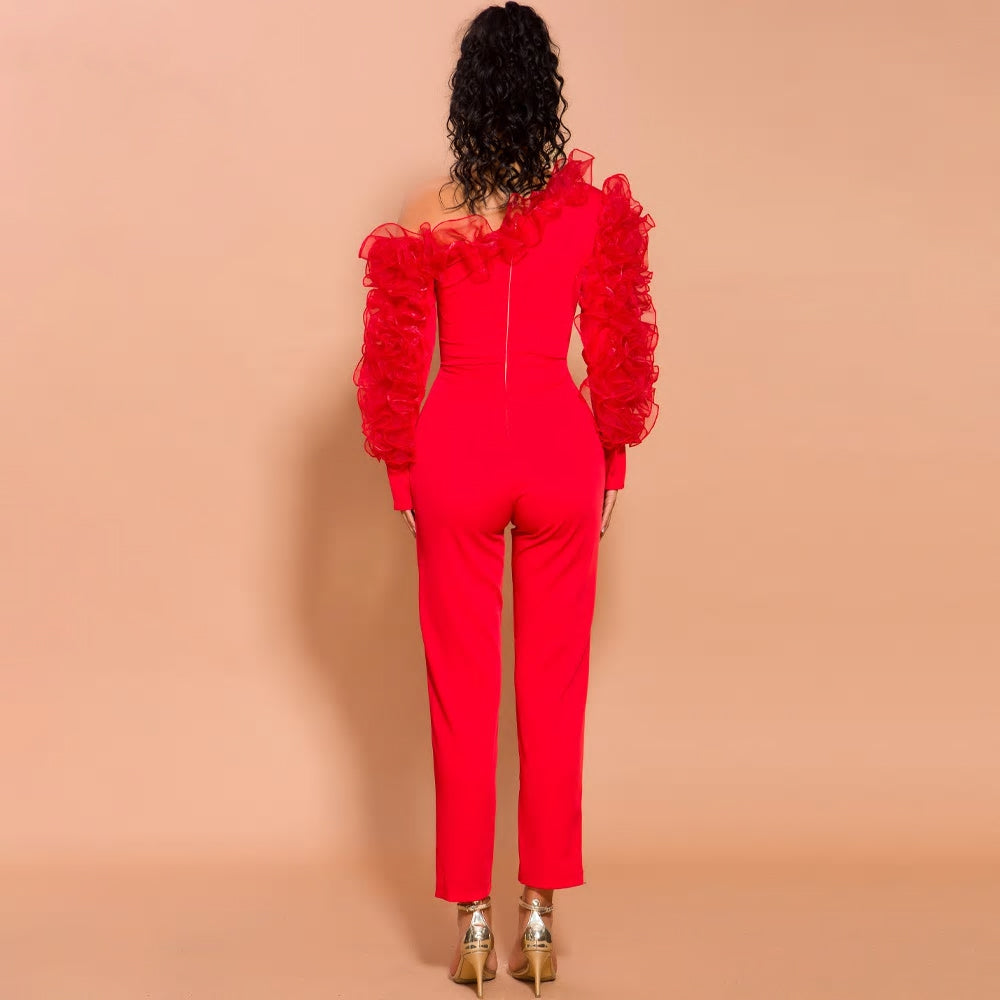 Red Irregular Neck Overalls Long Sleeve Ruffles Jumpsuit - MSCOOCO
