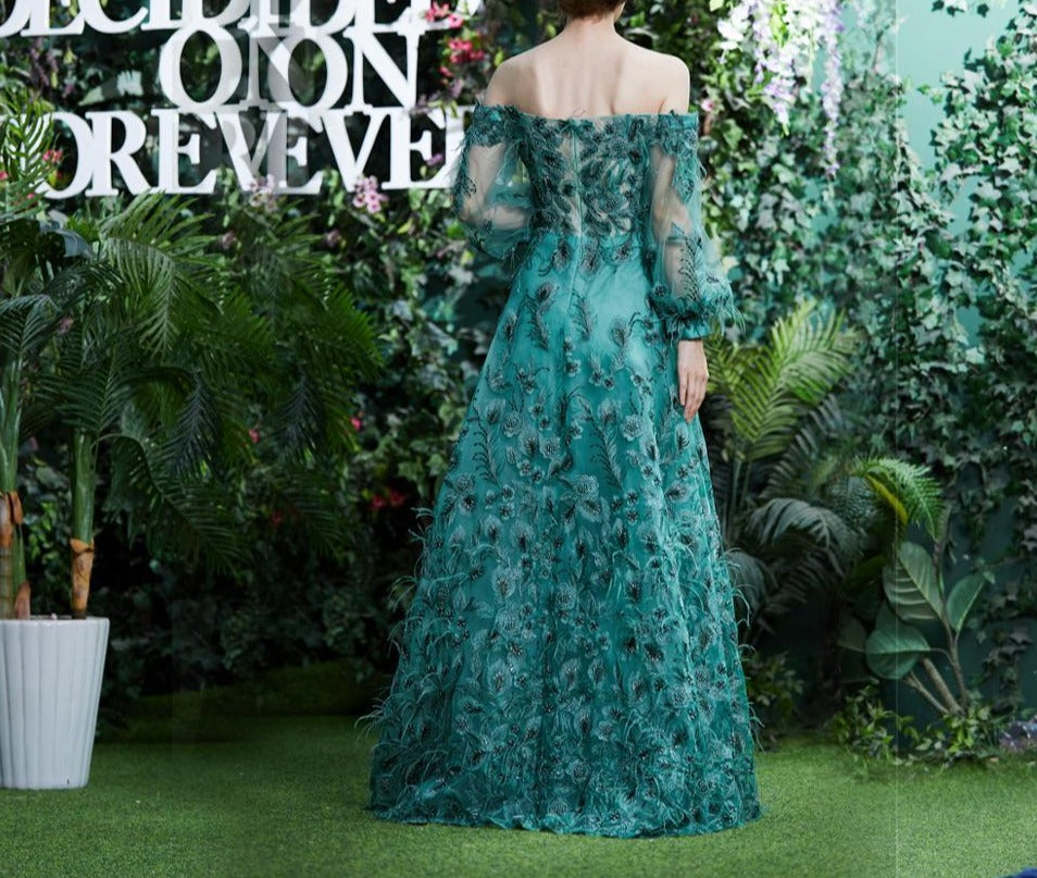 Sidonie Emerald Appliques Feathers Formal Dress Mscooco.co.uk
