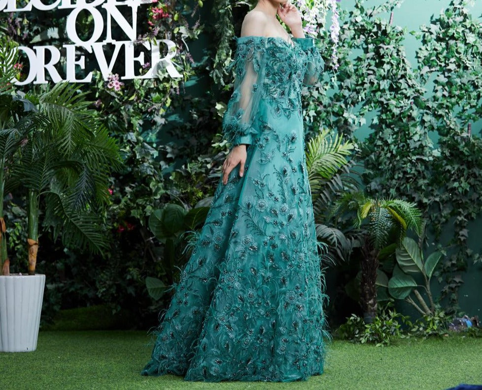 Sidonie Emerald Appliques Feathers Formal Dress Mscooco.co.uk
