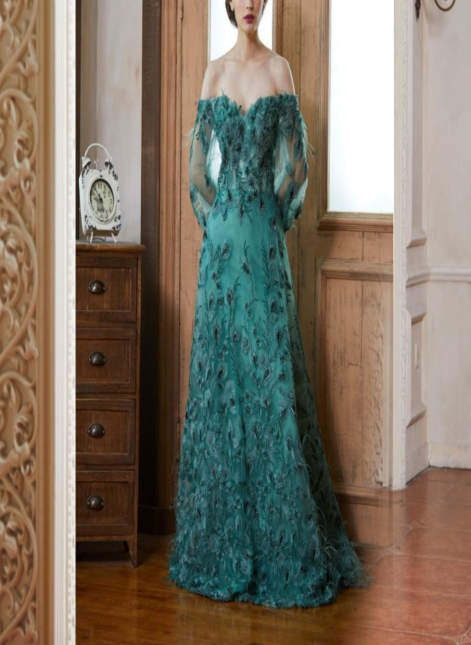 Sidonie Emerald Appliques Feathers Formal Dress Mscooco.co.uk