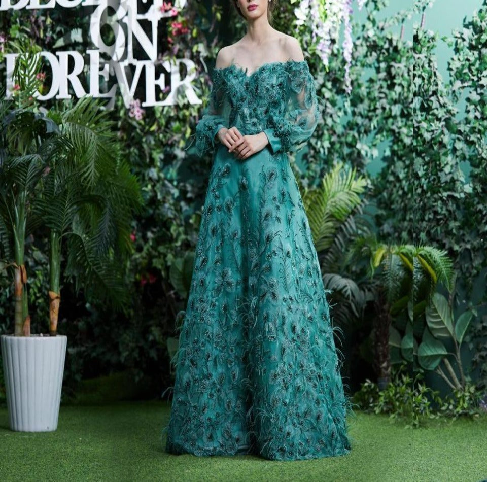 Sidonie Emerald Appliques Feathers Formal Dress Mscooco.co.uk