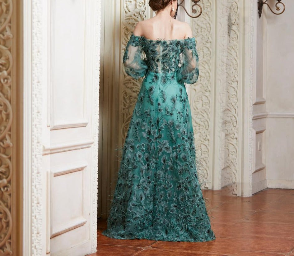 Sidonie Emerald Appliques Feathers Formal Dress Mscooco.co.uk