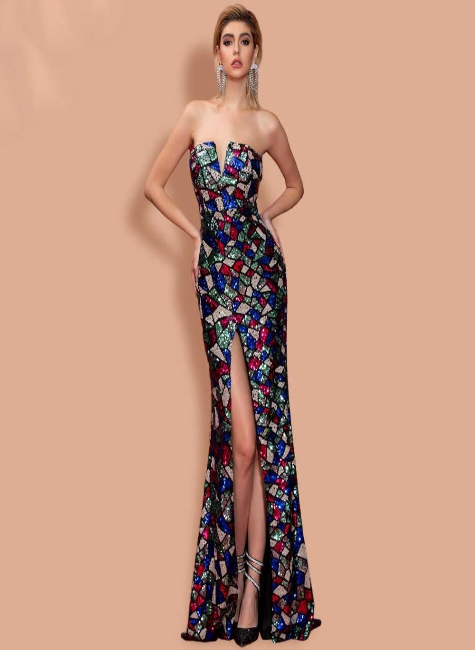 V Neck Off Shoulder Sequin High Split Maxi Dress - MSCOOCO