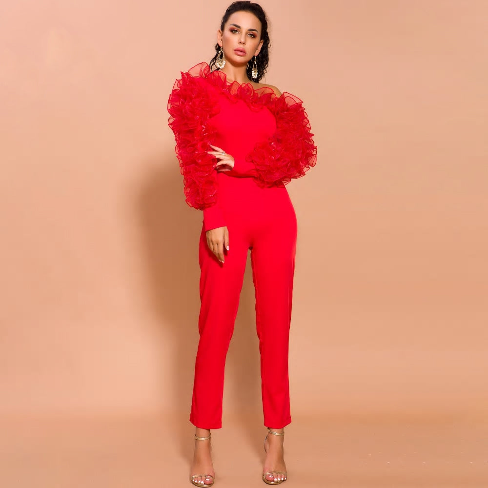 Red Irregular Neck Overalls Long Sleeve Ruffles Jumpsuit - MSCOOCO