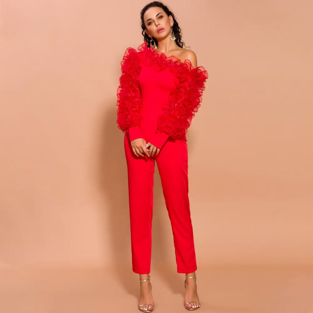 Red Irregular Neck Overalls Long Sleeve Ruffles Jumpsuit - MSCOOCO