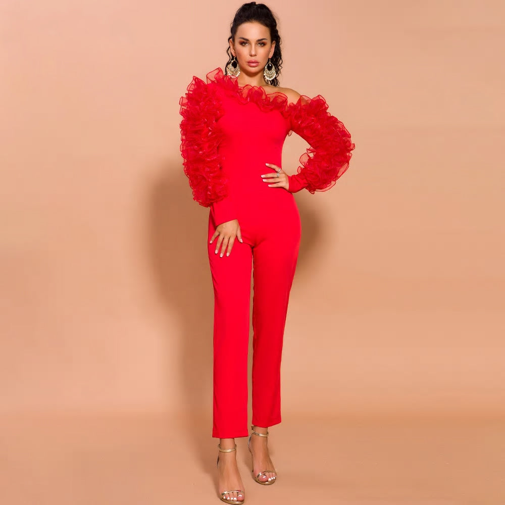 Red Irregular Neck Overalls Long Sleeve Ruffles Jumpsuit - MSCOOCO