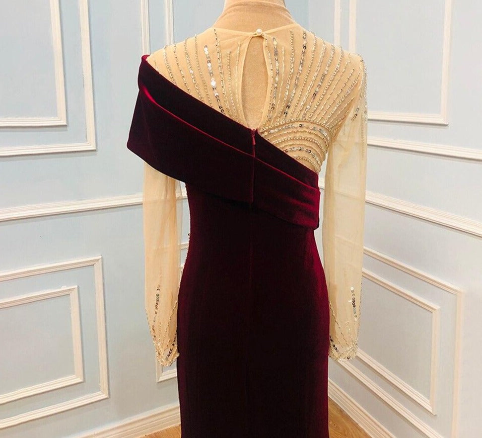 Reese Wine Red Velvet Mermaid Beading Formal Dress Mscooco.co.uk