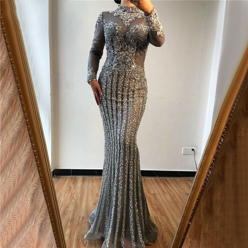 Luxury Long Sleeves Mermaid Diamond Sequined Sparkly Evening Gown - MSCOOCO