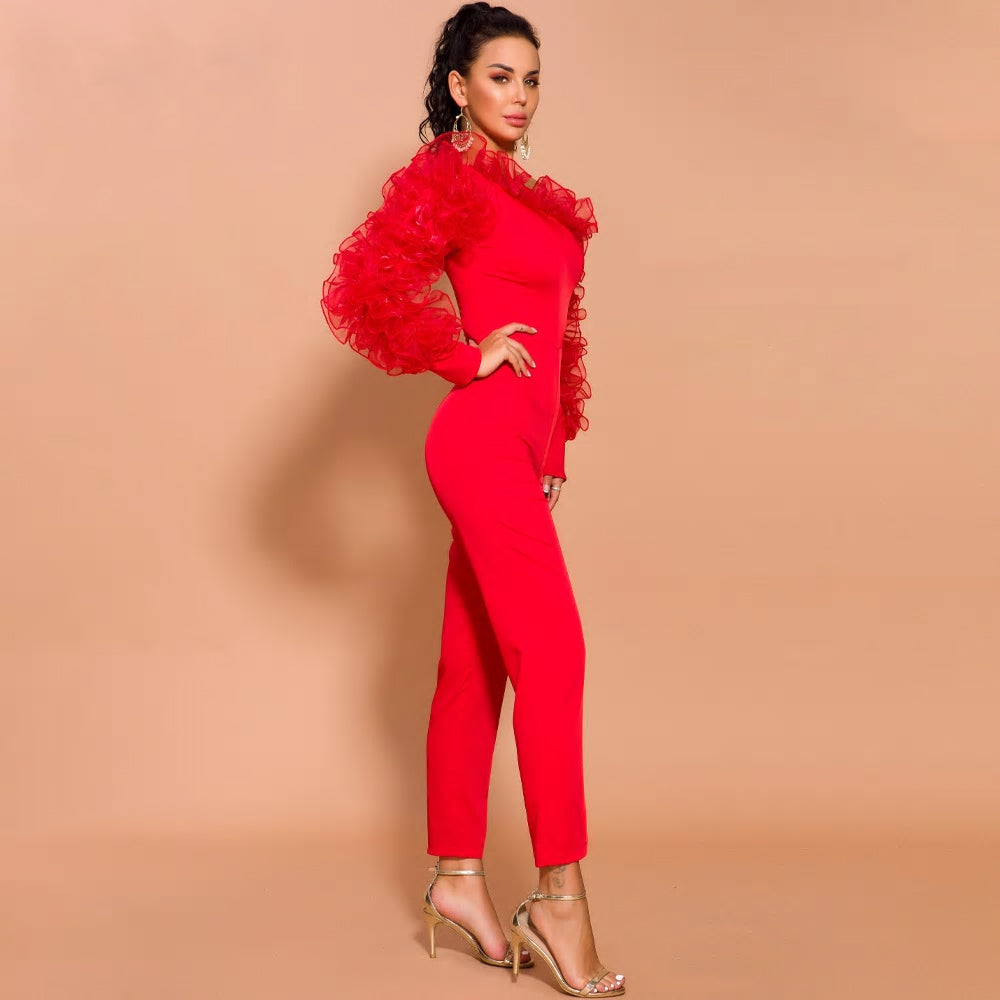 Red Irregular Neck Overalls Long Sleeve Ruffles Jumpsuit - MSCOOCO