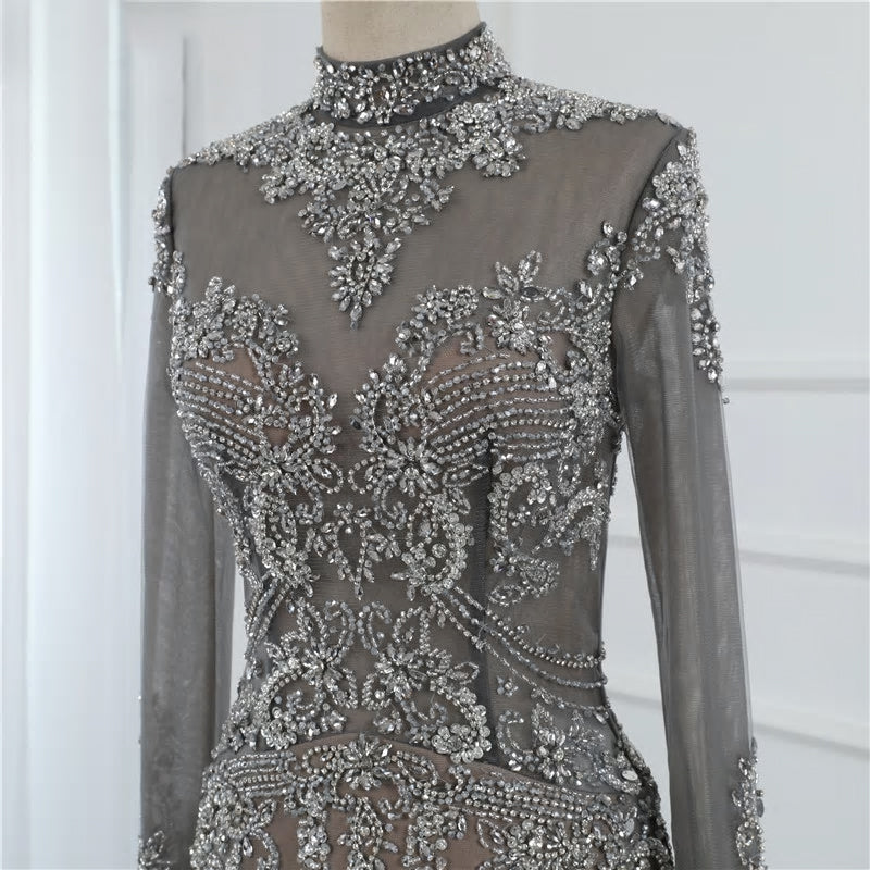 Luxury Long Sleeves Mermaid Diamond Sequined Sparkly Evening Gown - MSCOOCO