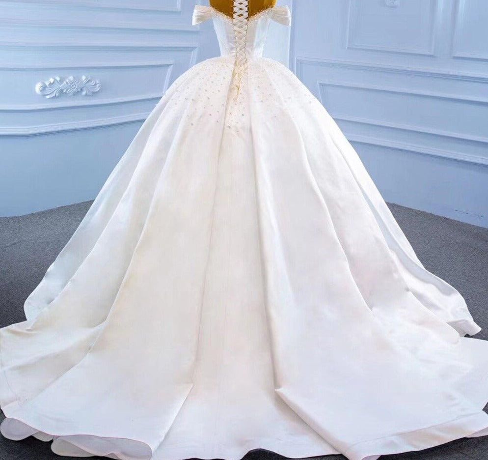 White Satin Beading Pearls Lace Up Bridal Dress Mscooco.co.uk