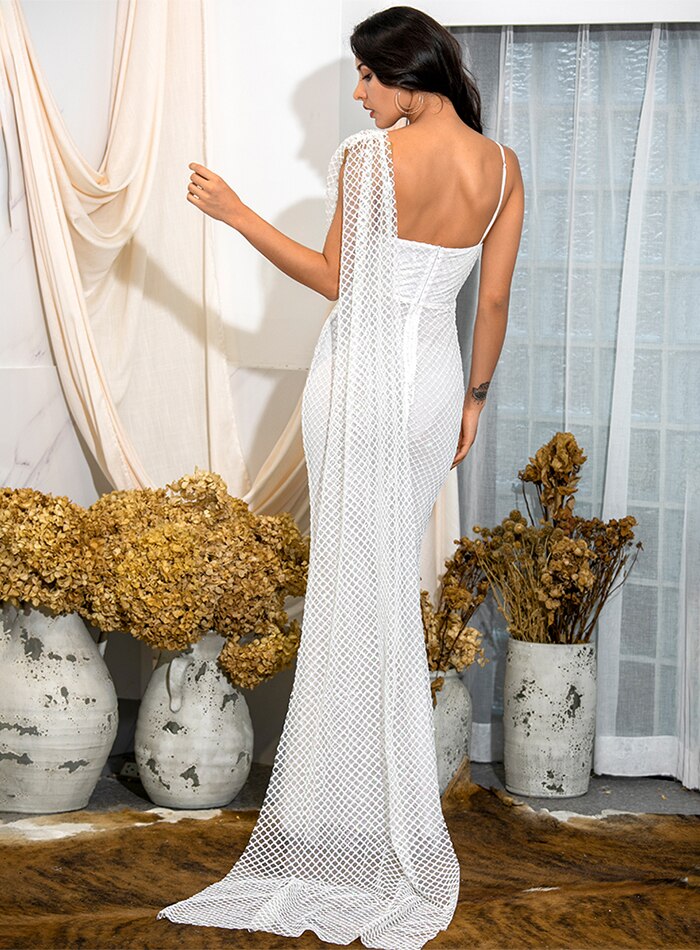 White Plaid Tube Top Long Ribbon Glitter Glued Bead Material Maxi Dress - MSCOOCO
