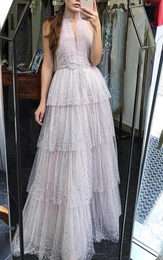 Monroe Halter Beading Tiered Tulle Evening Dress Mscooco.co.uk