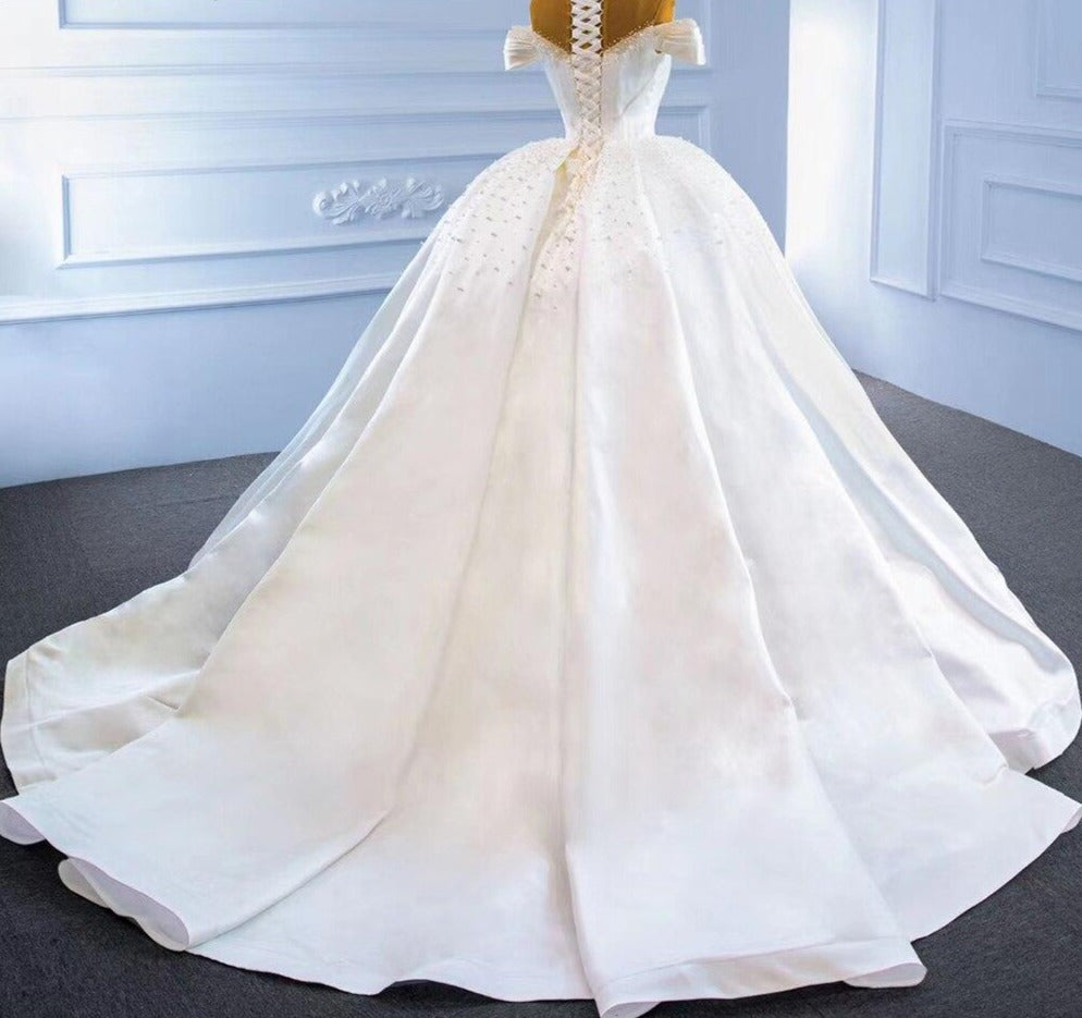 White Satin Beading Pearls Lace Up Bridal Dress Mscooco.co.uk