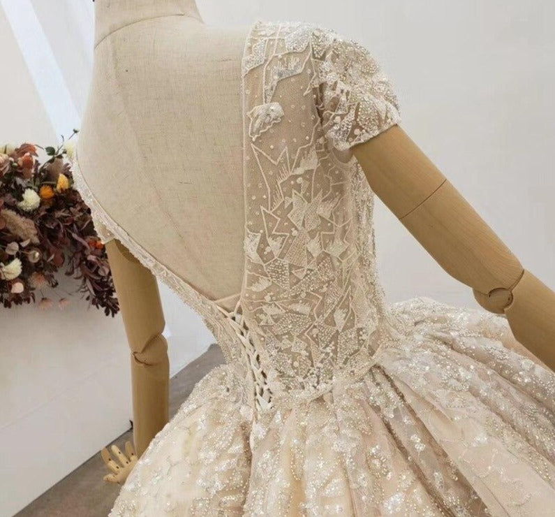 Short Sleeve High-End  Sparkle Sequins Bridal Gown Mscooco.co.uk