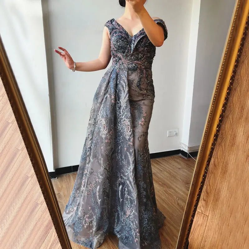 Adalira V-Neck Crystal Evening Gown - Mscooco.co.uk