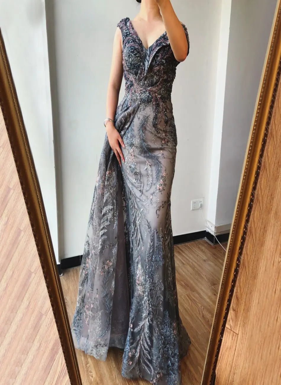 Adalira V-Neck Crystal Evening Gown - Mscooco.co.uk