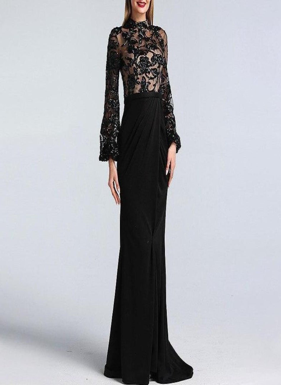 Alaya Black Long Sleeves Mermaid Evening Dress - Mscooco.co.uk