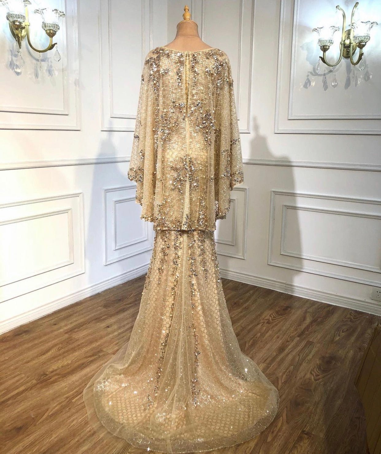 Amal Pearls Beading Embellished With Cape Evening Dress - Mscooco.co.uk