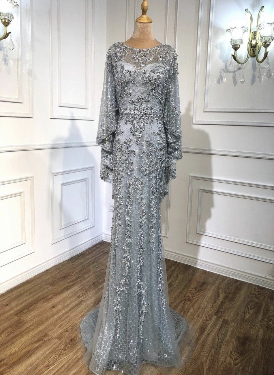 Amal Pearls Beading Embellished With Cape Evening Dress - Mscooco.co.uk