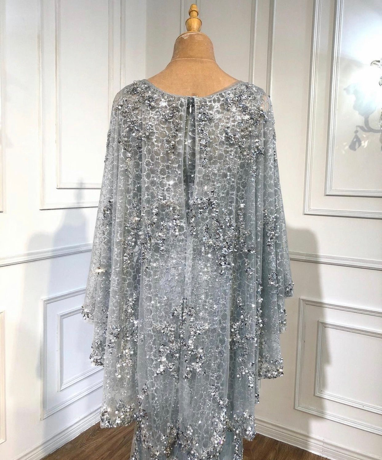 Amal Pearls Beading Embellished With Cape Evening Dress - Mscooco.co.uk