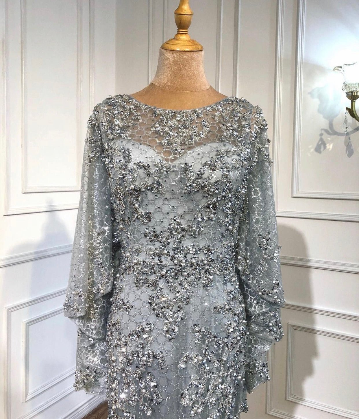Amal Pearls Beading Embellished With Cape Evening Dress - Mscooco.co.uk