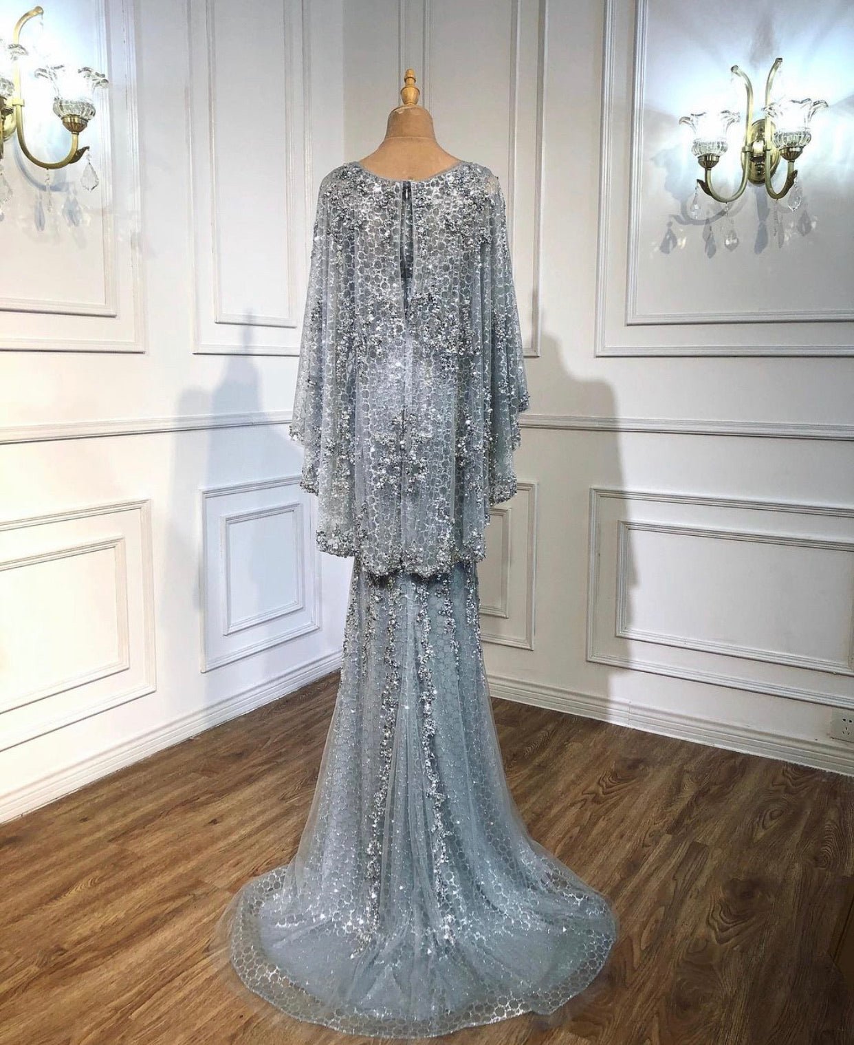 Amal Pearls Beading Embellished With Cape Evening Dress - Mscooco.co.uk