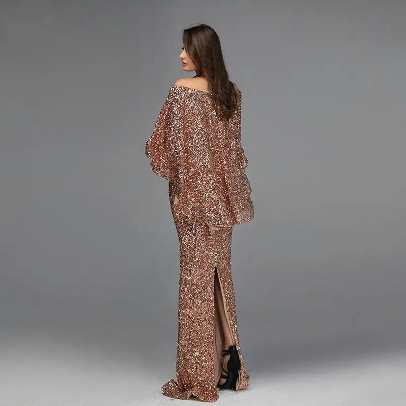 Amara - Rose Gold Sequined Sparkle Evening Dress - Mscooco.co.uk