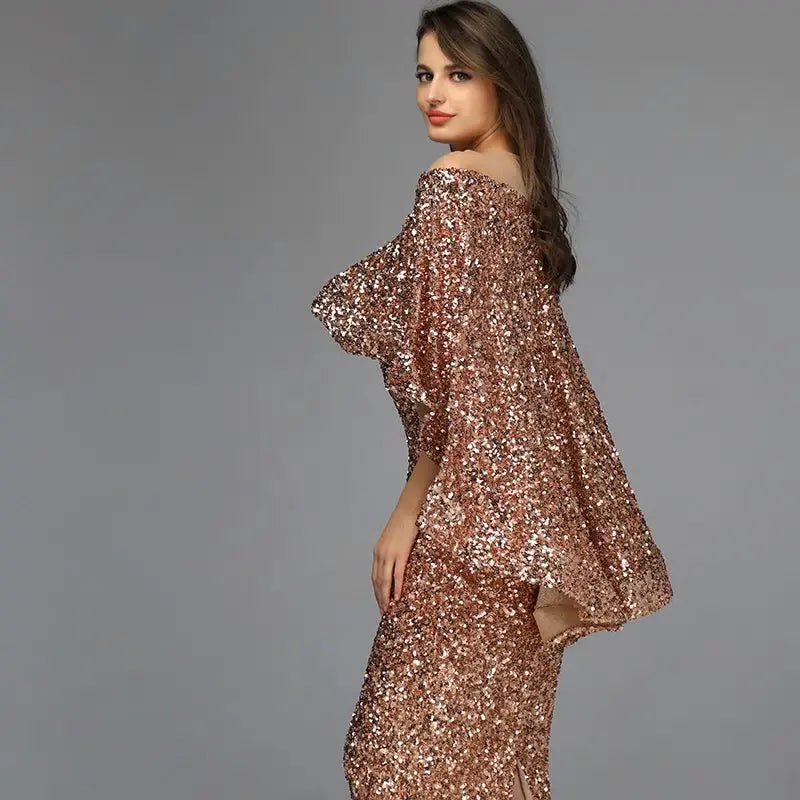 Amara - Rose Gold Sequined Sparkle Evening Dress - Mscooco.co.uk