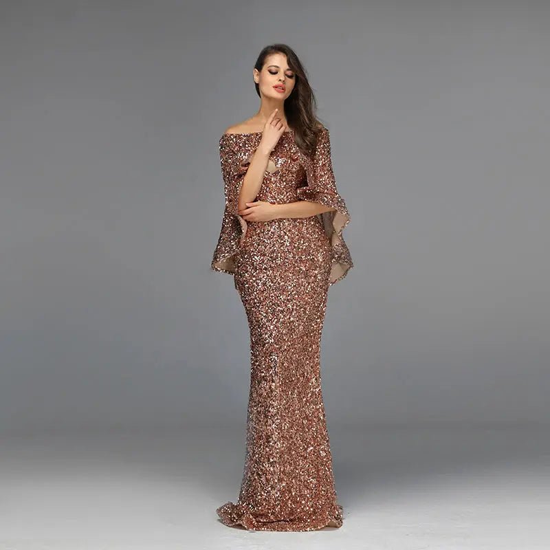 Amara - Rose Gold Sequined Sparkle Evening Dress - Mscooco.co.uk