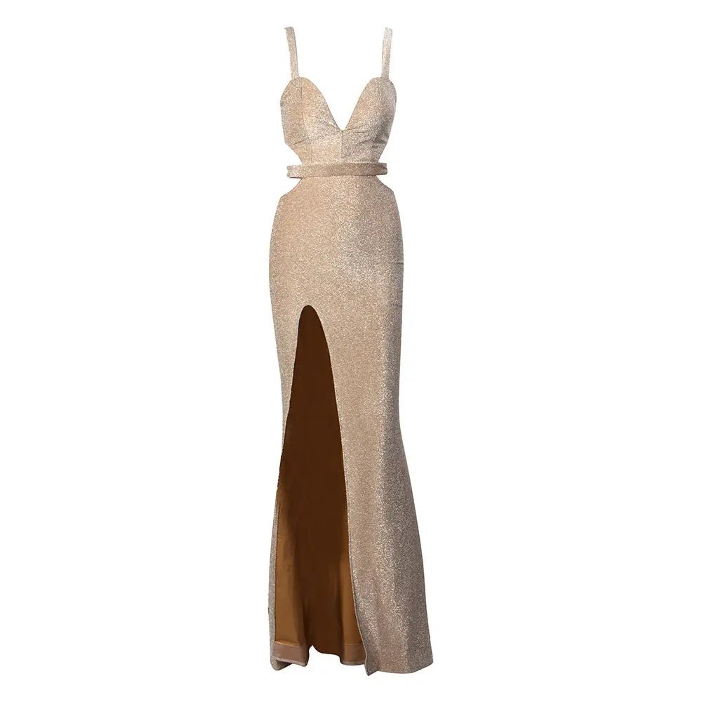 Apricot Tube Top Cut Out Slim Split Reflective Fabric Maxi Dress - Mscooco.co.uk
