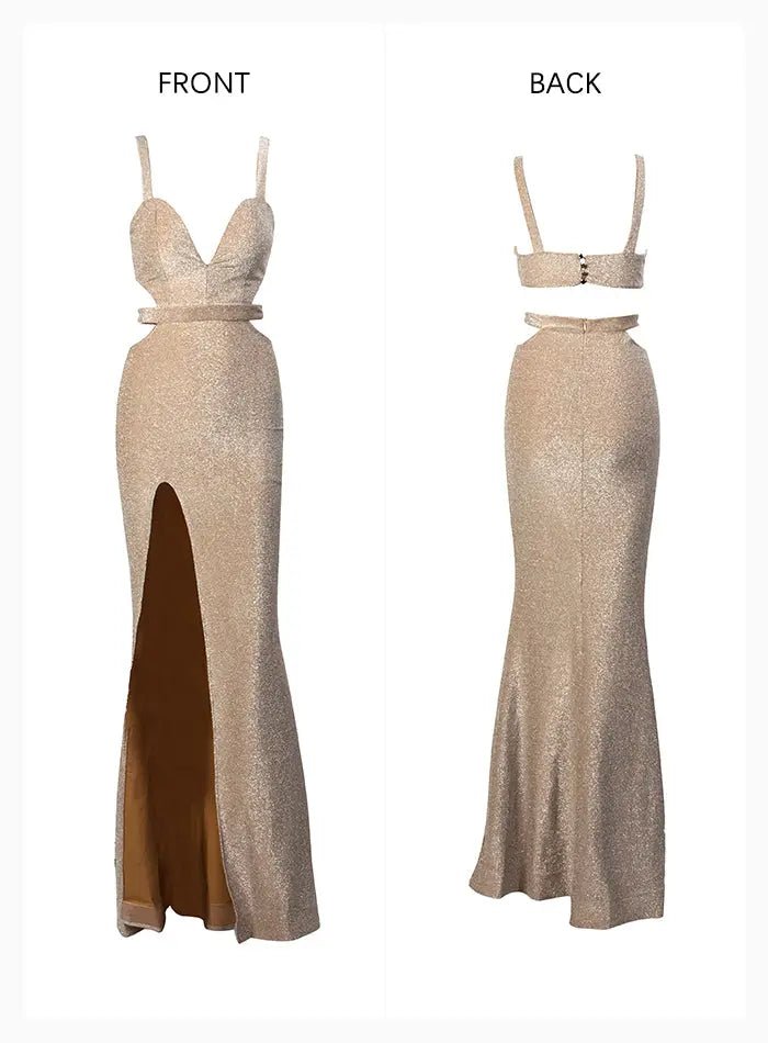 Apricot Tube Top Cut Out Slim Split Reflective Fabric Maxi Dress - Mscooco.co.uk