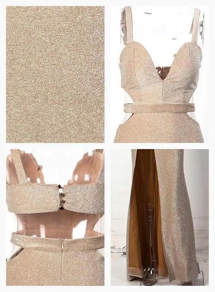 Apricot Tube Top Cut Out Slim Split Reflective Fabric Maxi Dress - Mscooco.co.uk