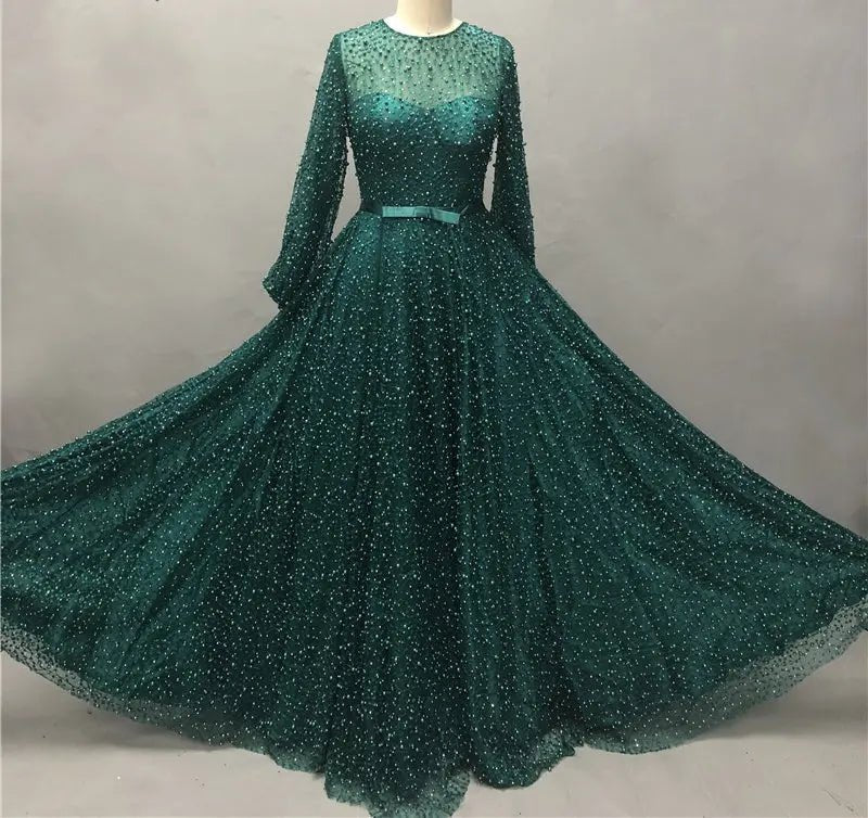 Arabella Pearls Lace Long Sleeve Evening Dress - Mscooco.co.uk