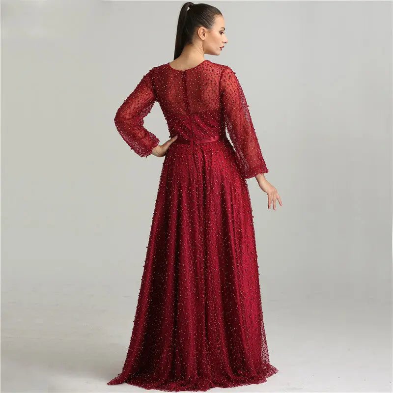 Arabella Pearls Lace Long Sleeve Evening Dress - Mscooco.co.uk