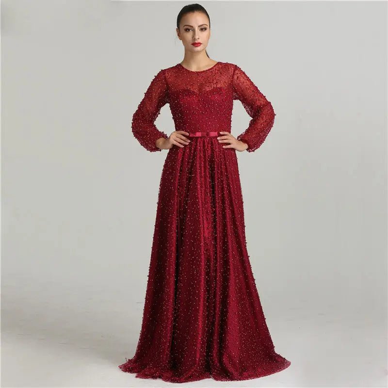 Arabella Pearls Lace Long Sleeve Evening Dress - Mscooco.co.uk