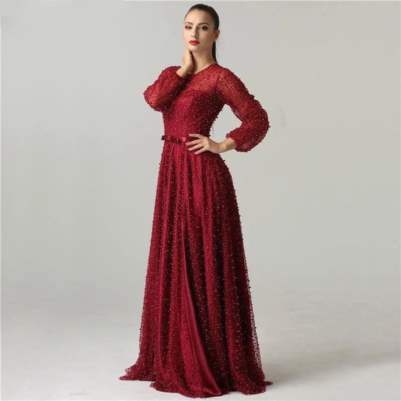 Arabella Pearls Lace Long Sleeve Evening Dress - Mscooco.co.uk