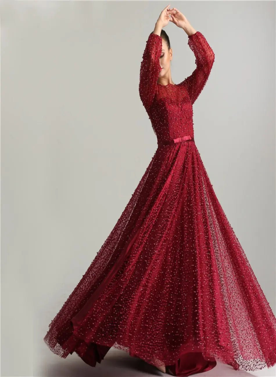Arabella Pearls Lace Long Sleeve Evening Dress - Mscooco.co.uk