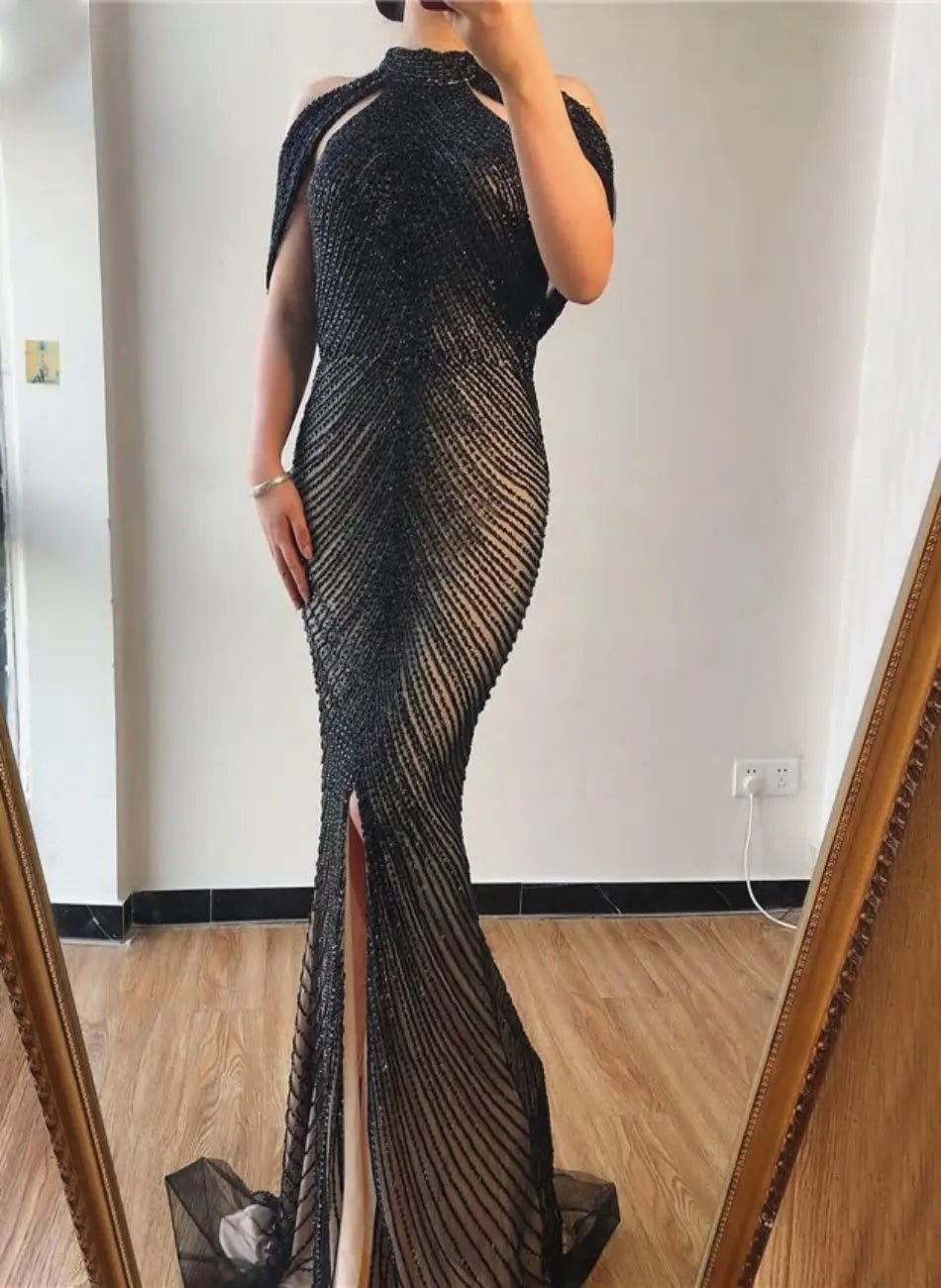 Belen Beading High Collar Mermaid Evening Dress - Mscooco.co.uk