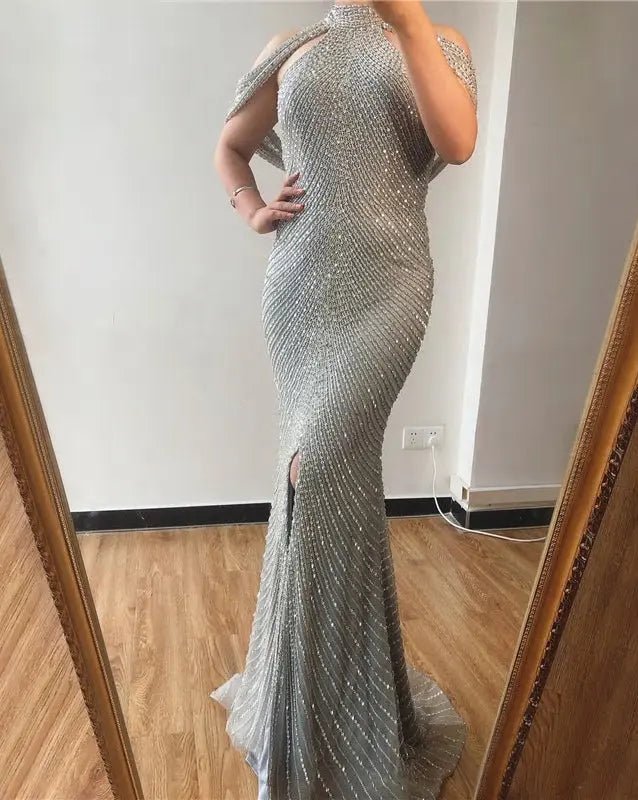 Belen Beading High Collar Mermaid Evening Dress - Mscooco.co.uk