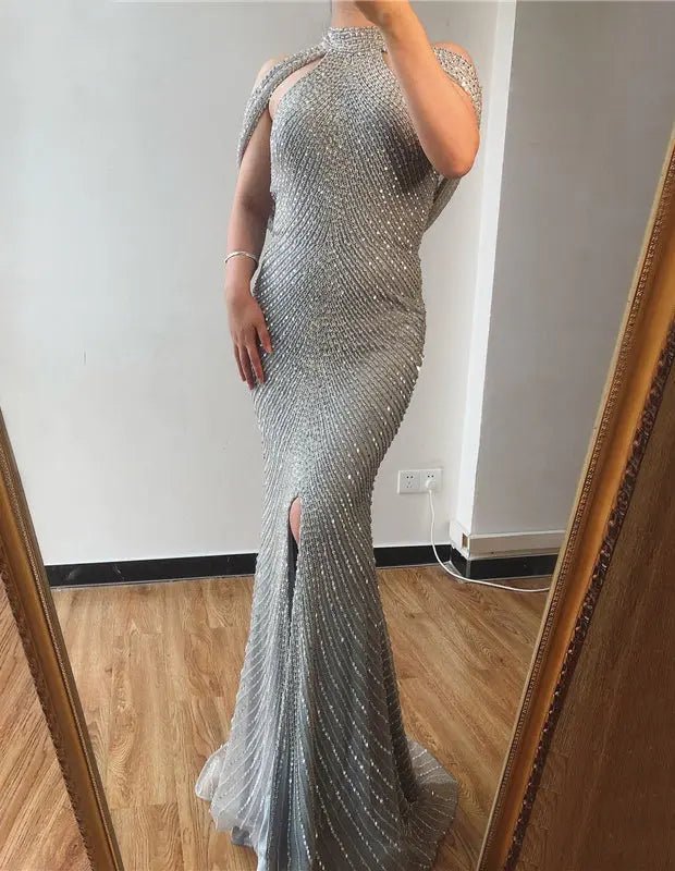Belen Beading High Collar Mermaid Evening Dress - Mscooco.co.uk