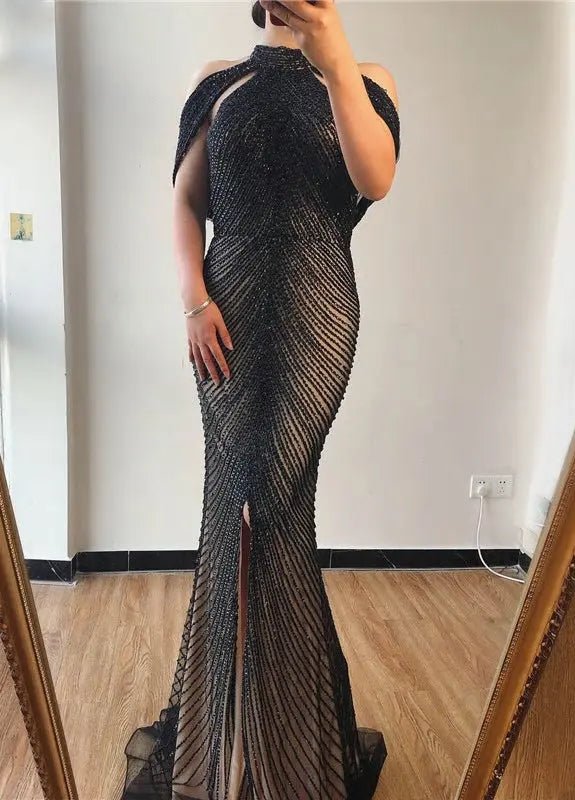 Belen Beading High Collar Mermaid Evening Dress - Mscooco.co.uk