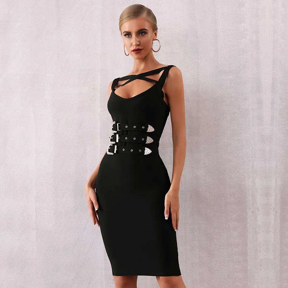 Black Spaghetti Strap Sashes Bodycon Mini Dress - Mscooco.co.uk