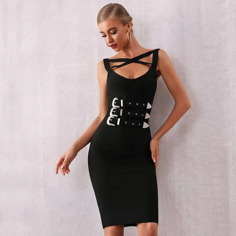 Black Spaghetti Strap Sashes Bodycon Mini Dress - Mscooco.co.uk