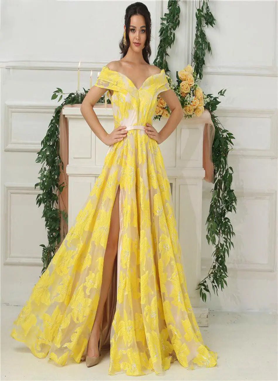 Davina Yellow Off Shoulder Evening Dress - Mscooco.co.uk