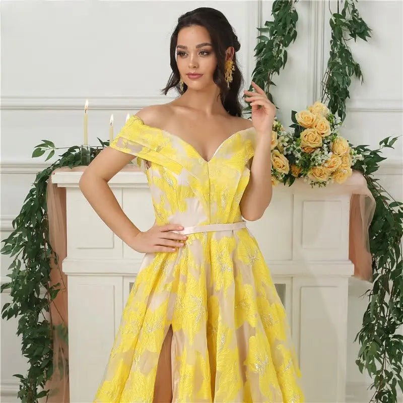 Davina Yellow Off Shoulder Evening Dress - Mscooco.co.uk