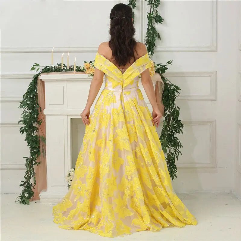 Davina Yellow Off Shoulder Evening Dress - Mscooco.co.uk